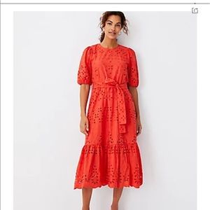 Ann Taylor Eyelet Midi Flare dress is Ripe Persimmon Size 4 New with tag